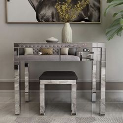 New Silver Mirrored Vanity Table Desk With Stool 