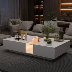 Modern Coffee Table with Lights & Glass Tabletop, Central Table with 2 Drawers, for Living Room, White 55.1”W x 31.5”D x 11.8”H