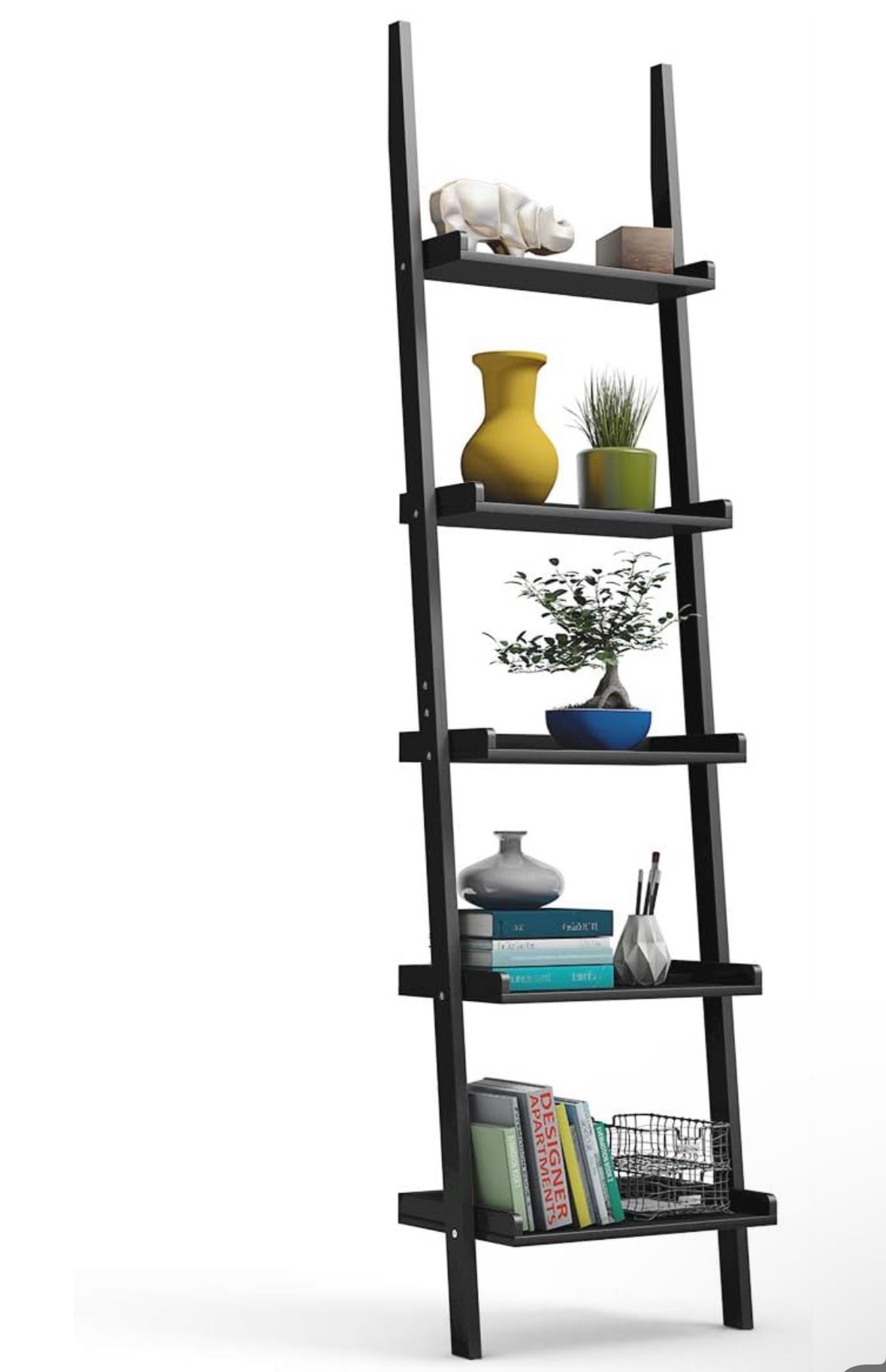 Tangkula Ladder Shelf, 5-Tier Multifunctional Modern Wood Plant Flower Book Display Shelf, Home Office Storage Rack Leaning Ladder Wall Shelf (Black,