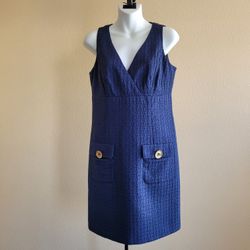 Michael Kors Women's Blue Sheath Dress V-Neck With Front Stylish Pockets Sleeveless Size 8