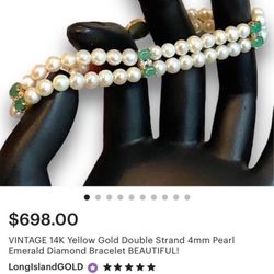 Vintage 14K Gold 4mm Pearl Emerald And Accent Diamond Bracelet 