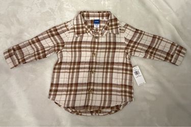 New Old Navy Brown Plaid Button Up Flannel Style  Shirt 6-12 Mo (NWT)