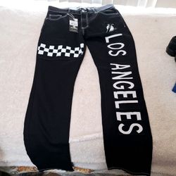 FISLL NBA Men's Los Angeles Lakers Denim Jeans with Checkered Pattern, Black 34 x 34