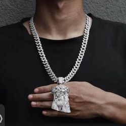 Iced Out Jesus Christ Head Charm Pendant Rhinestone Necklace With 13mm Miami Cuban Link