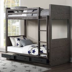 Brand New Grey Twin Size Bunk Bed w Trundle Drawers 