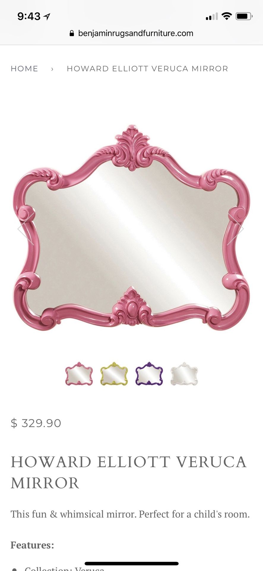 Pink Veruca Wall Mirror by Howard Elliot $330 Retail Like New