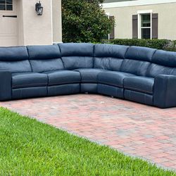 POWER RECLINER 5 PCS BLUE SECTIONAL COUCH - REAL LEATHER - GOOD CONDITION - DELIVERY AVAILABLE 🚚
