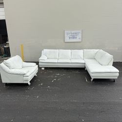 🔥 White 100% Leather Italsofa Sectional + Chair – Modern Luxury 🔥