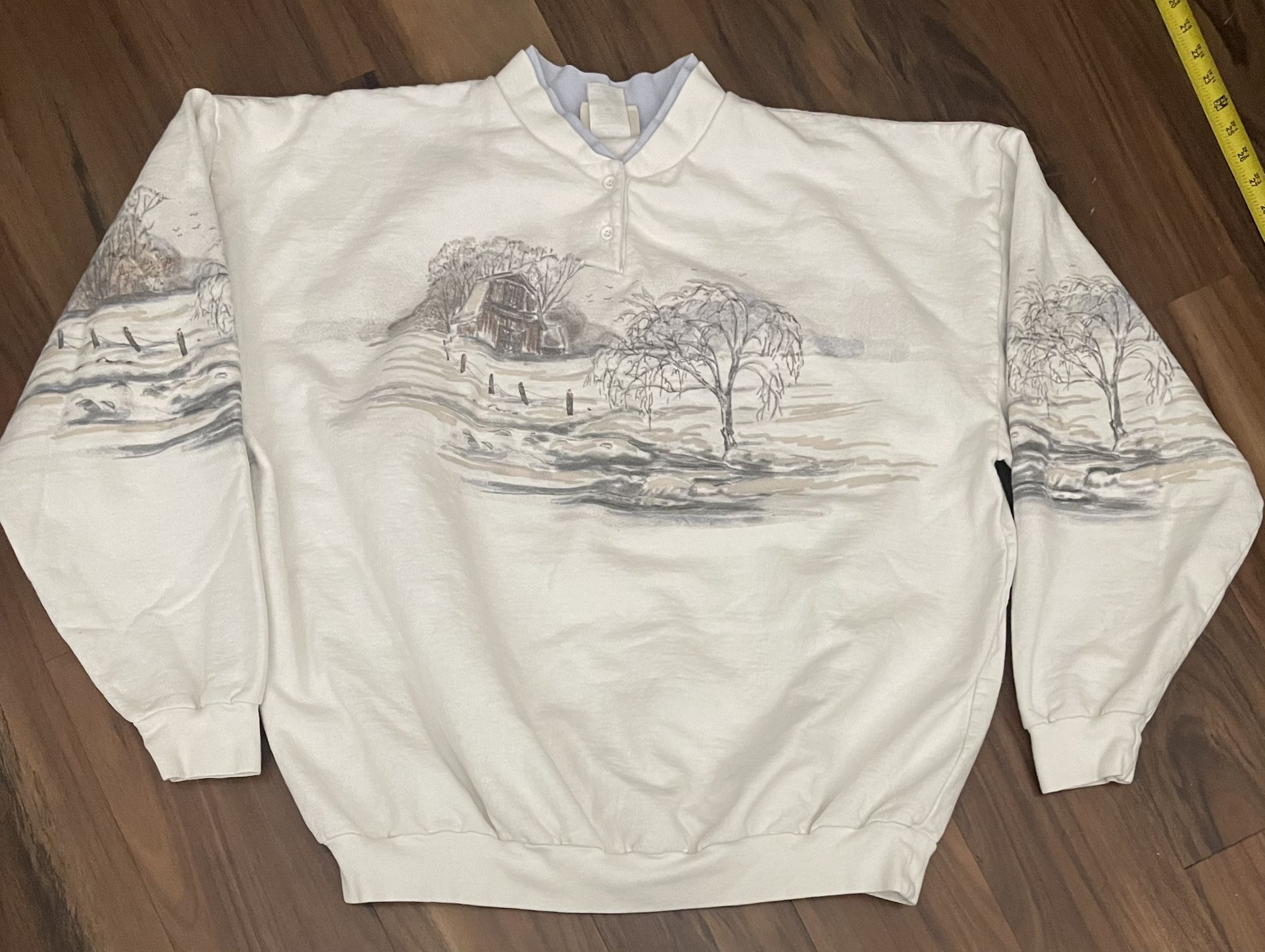 Vintage Sweatshirt an All-Over Winter Landscape print with a Barn and Trees Shimmer 2XL