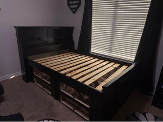 Black Wooden Captain's Bed with Bookcase Headboard and Storage (Full size)