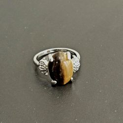 UNISEX NEW SIZE 8 STRIPED TIGER EYE SILVER ACCENT RING 