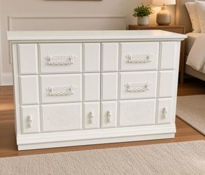 Traditional white solid wood 6-drawer low boy dresser. 18deep × 46 1/2 W × 31H