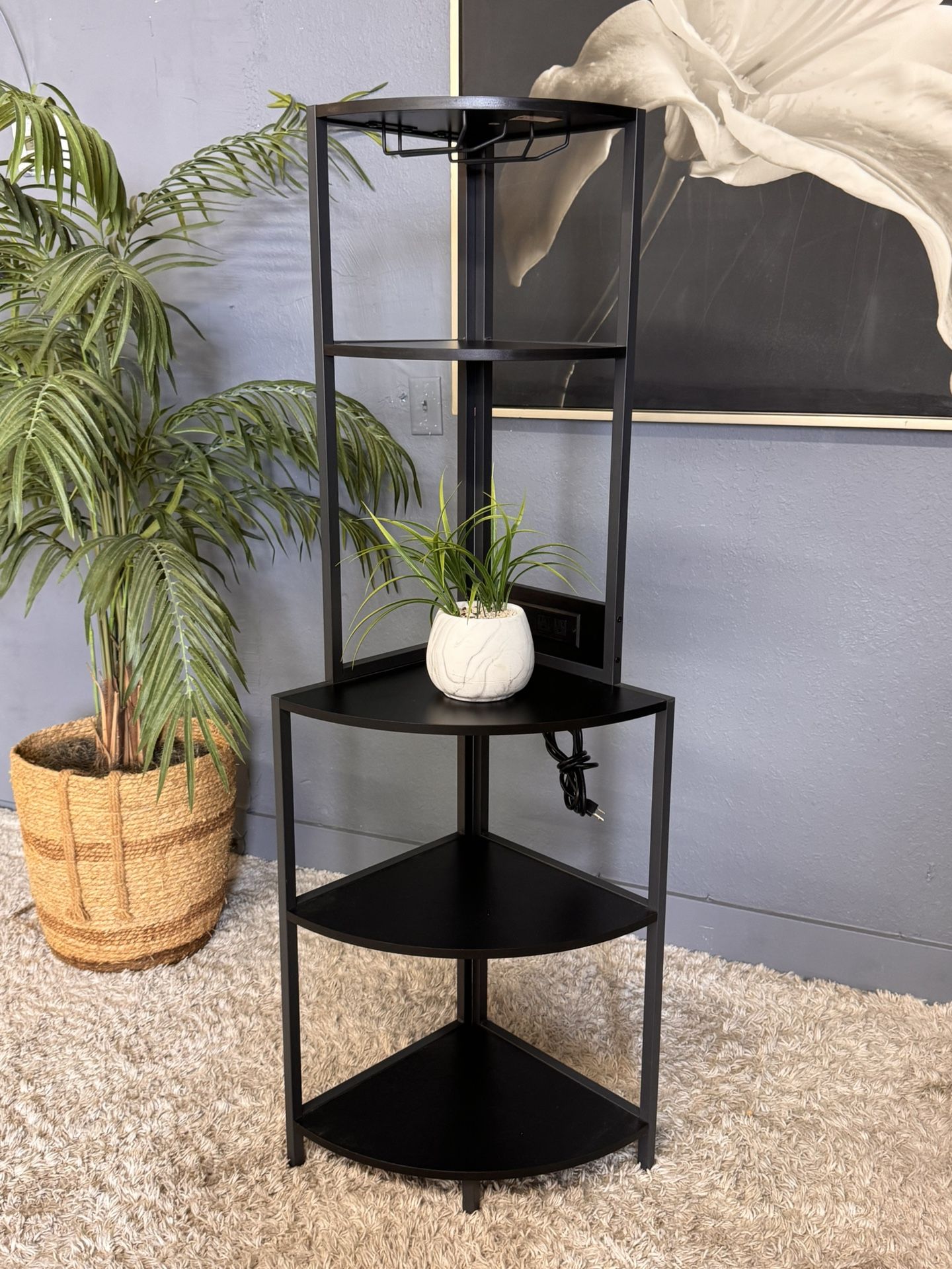 Nice Black Corner Shelf With Built In Outlets & USB Ports