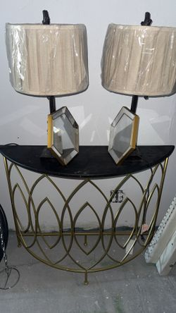 Gold Metal Demilune Console Table with Black Top