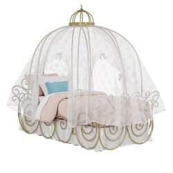 Disney Princess Royal Gold Twin Carriage Bed With White Canopy And Mattress 