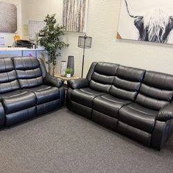 Reclining Sofa And Loveseat In Black Leather 
