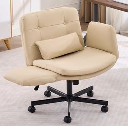 Criss Cross Office Chair with Wheels & Adjustable Armrests, Extra Wide Seat PU Leather Vanity Chair, Comfortable Swivel Computer Desk Chair for Home O