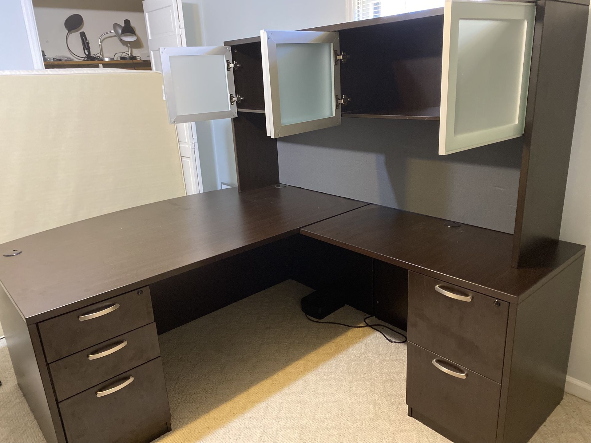 Executive Espresso L-Shaped Desk with Hutch & File Cabinets