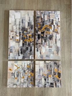 Modern 4-Piece Abstract Canvas Wall Art Set – Gray, White & Gold