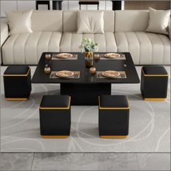 Black Coffee Table Set with 4 Ottoman Stools