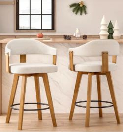 Set of 2 Modern Swivel Bar Stools with Curved Back & Armrests - 26" Counter Height Oak Wood Frame & White Boucle Upholstery, PU Cushioned Seats Suitab