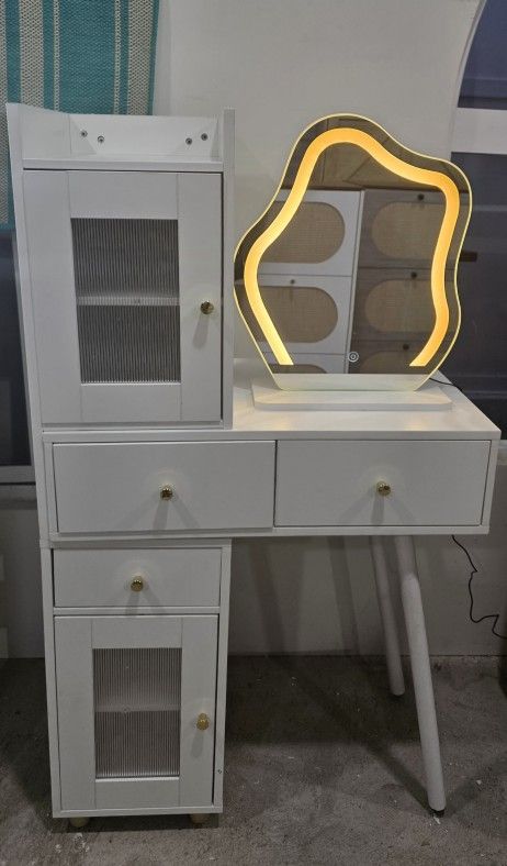 New Wavy mirror vanity Nail Table Study Desk with lights, shelves, drawers