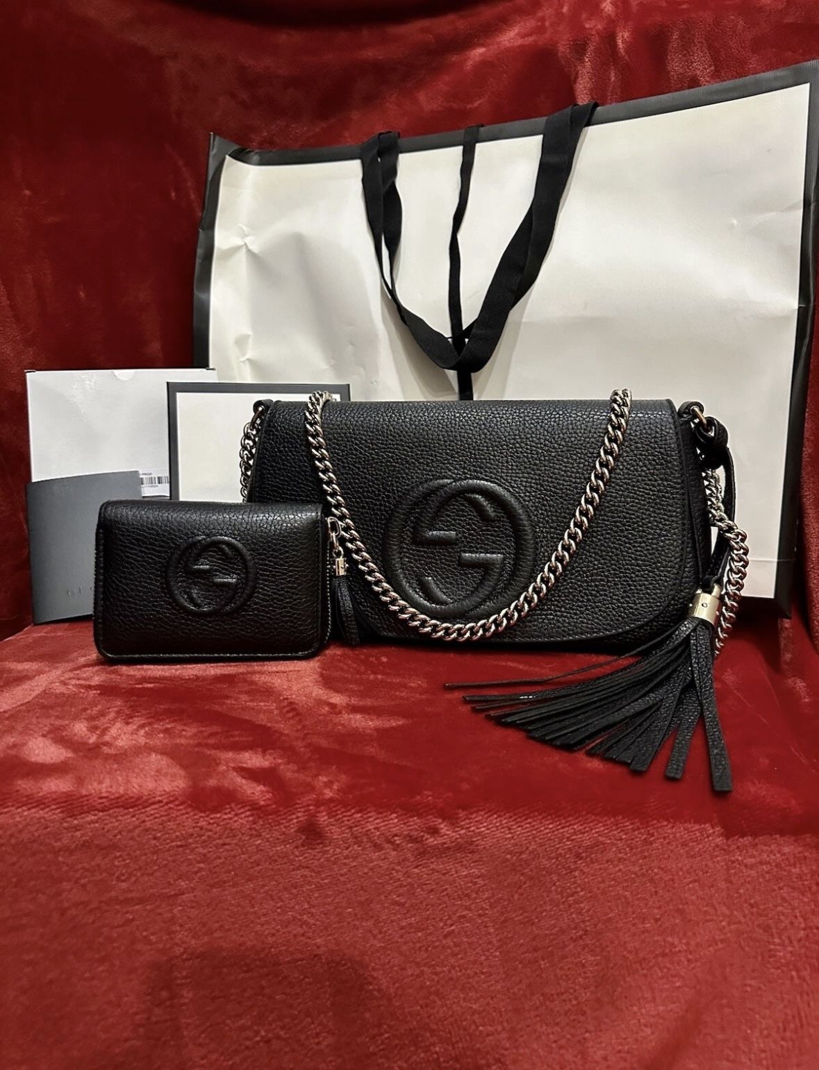 Gucci Soho Chain Crossbody Shoulder Bag Black Leather New
