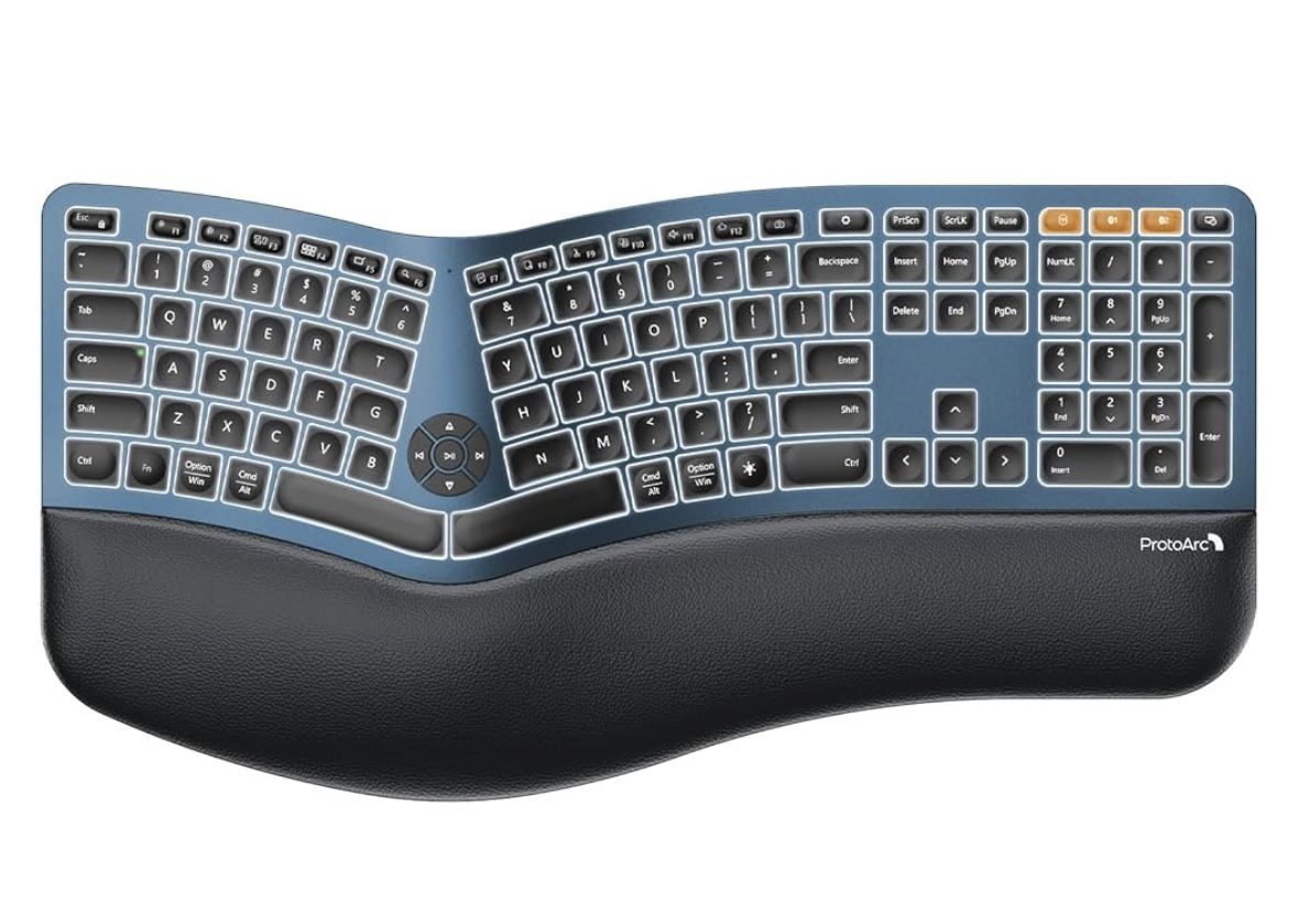 ProtoArc Backlit Bluetooth Ergonomic Keyboard, EKO1 Plus Full Size Wireless Split Keyboard with Dual Bluetooth and USB, Cushioned Wrist Rest, Recharge