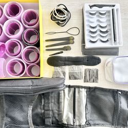 Set of Hair Rollers, Unused Strip Lashes with New Lash Glue, Hair Accessories, and Toiletry bags
