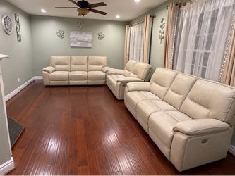 3 piece Luxury Cream Leather Reclining Sofa Set – Fully Functional