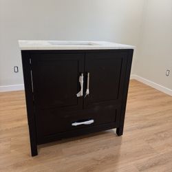 36in x 22” Black Bath Vanity with White Engineered Stone Top and Sink