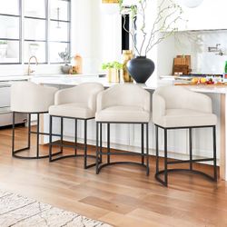 27''H Faux Leather Upholstered Metal Bar Stool, Ivory (Set of 4)