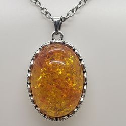 Oval Amber Silver 32mm Necklace 