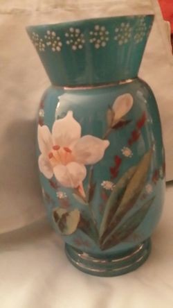 Vintage Painted Turquoise Pastel Floral Opaque Vase