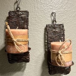 2 Dark Brown Rattan Wall Candle Holders w/Candles