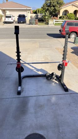 Gym set , squats rack, weights, dumbbells,