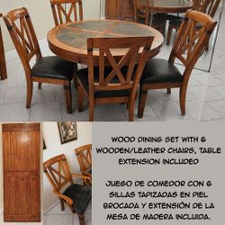 Wood Dining Set with 6 Wooden/Leather Chairs and Table Extension