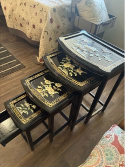 Vintage Mother of Pearl Black Lacquer Nesting Tables