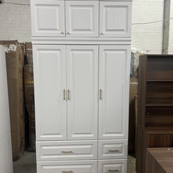 3 Door Wardrobe Closet with Drawers & Shelves, Armoire Wardrobe with Hanging Rod, Top Cube Storage, Gold Metal Handles, for Bedroom White (47.2”W x 20
