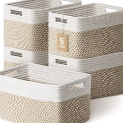 5 Pack Woven Storage Baskets for Shelves, Decorative Basket Organizer Storage Bins for Toys, Books, Clothes, Closet, Nursery, Bathroom Cotton Rope She