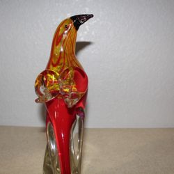 Art Glass Bird Figurine Red Yellow Clear Murano Style  13.5”