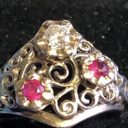Antique White Gold Diamond And Ruby Antique Ring 