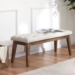 Beige Tufted Upholstered Bench With Wooden Legs