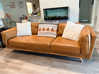 Tan Leather Mid-Century Modern Couch