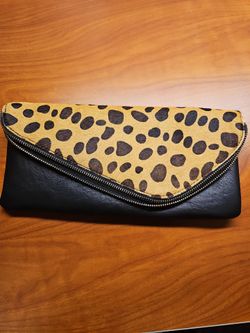 Sole Society Black Leather with Leopard Clutch/Bag/Purse