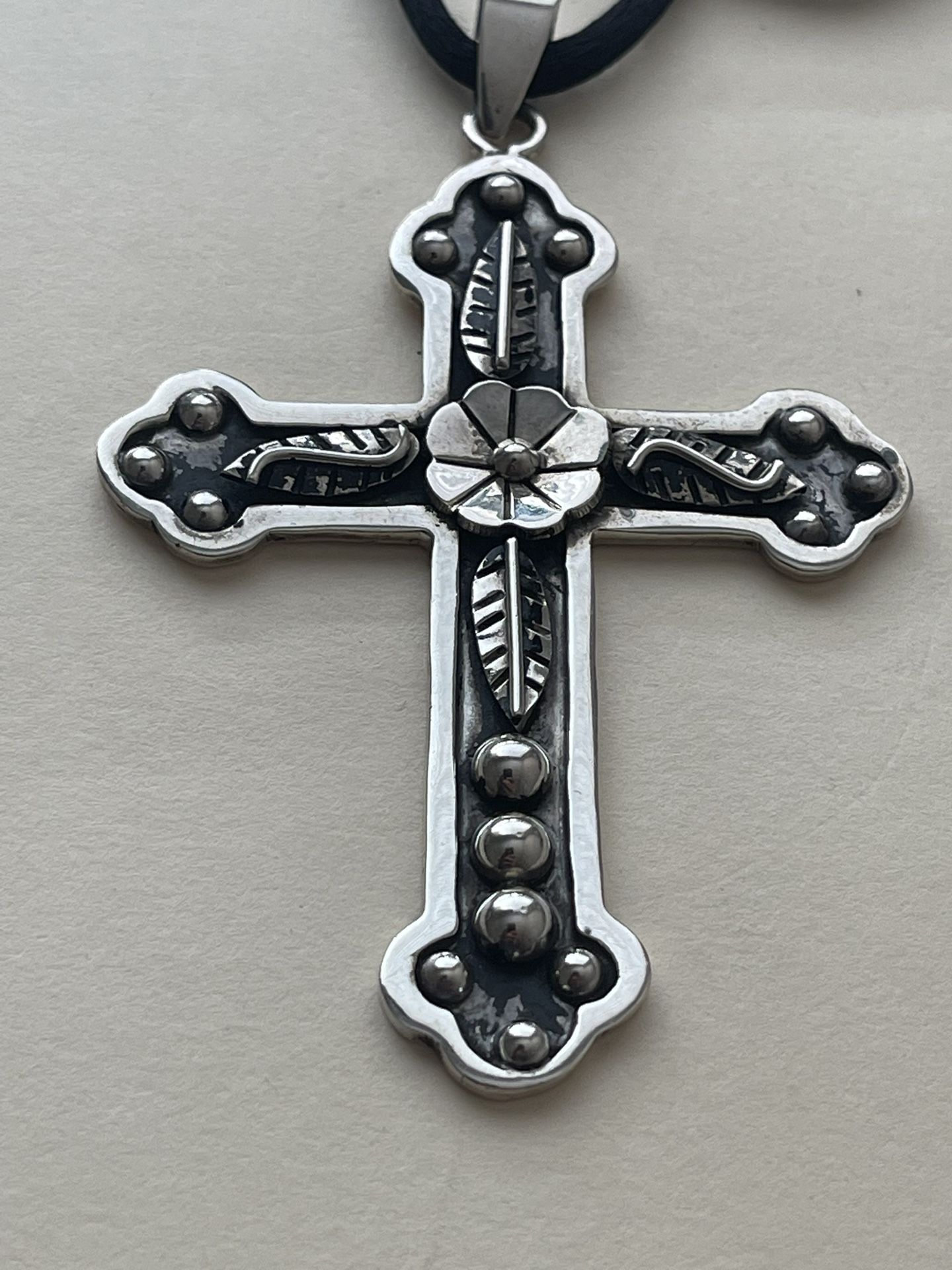 Big Heavy Sterling Silver Cross Pendant 925 Sterling , Black Inlay, Measures 3~1/4 Inches , Weighs 26 Grams