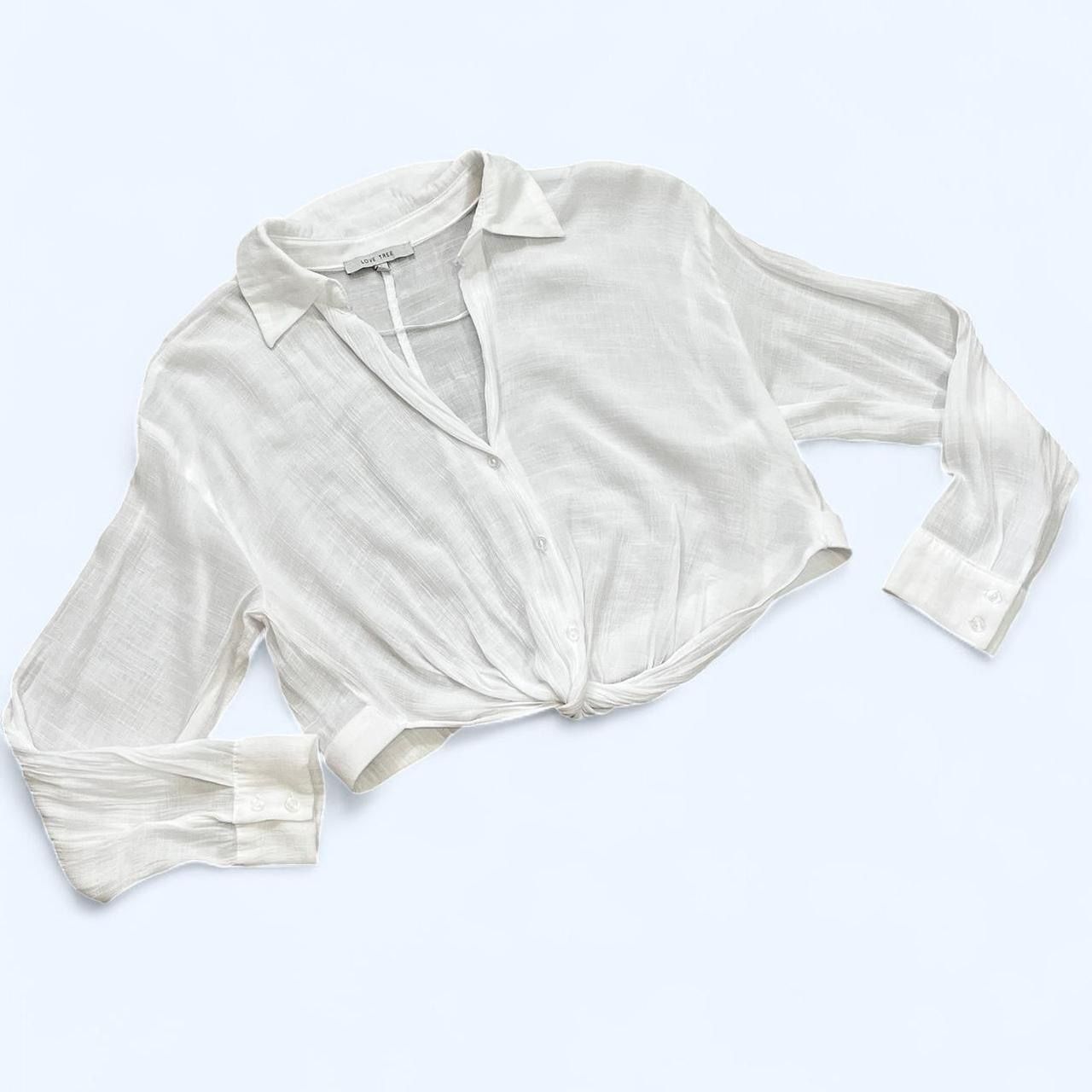 Love Tree Women’s Small White Long Sleeve Vneck Sheer Collard Button Up Blouse Tie Knot