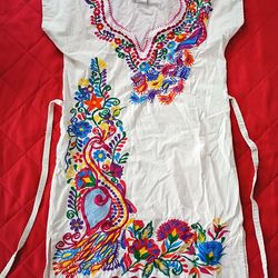 Traditional Mexican White Floral Mini Dress Size Small