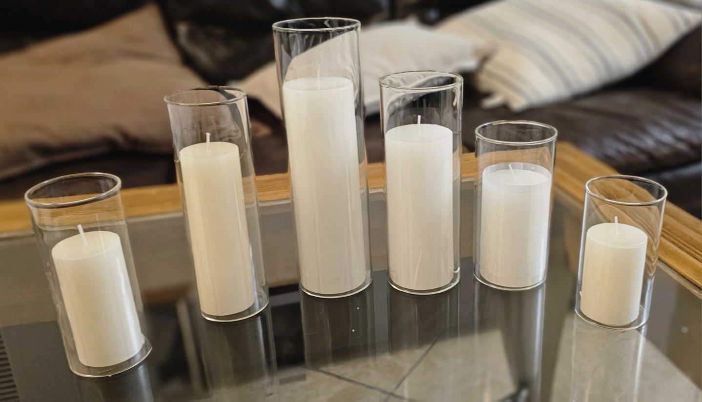 New Set of 6 Pillar Candles and 6 Glass Cylinder Candle Vases 