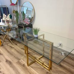 Big Rectangular Ghost Gold Glass Dining Table For 6-8 People